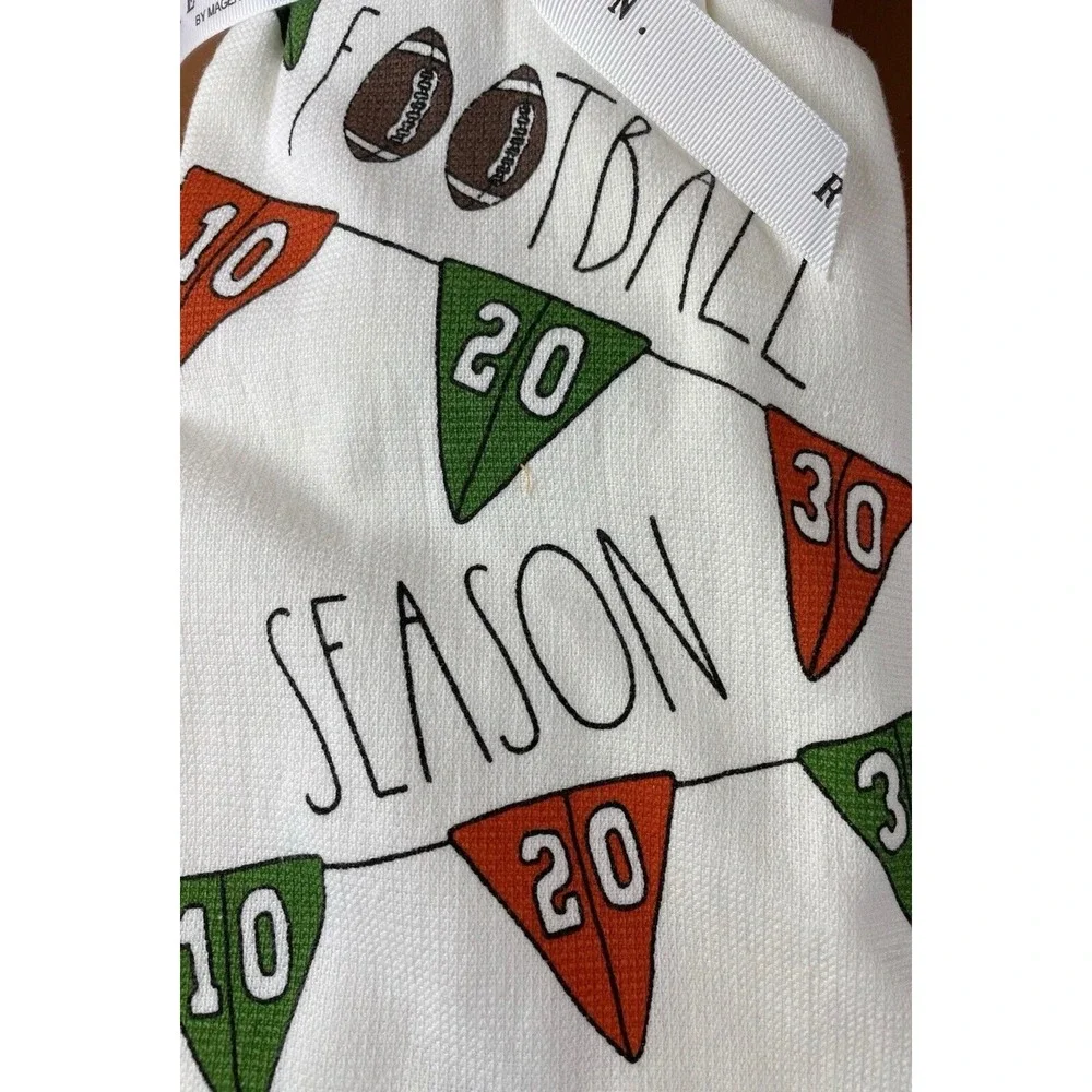 Rae Dunn Football Season Kitchen Towels Set of 3 Green Orange White 16x26 NEW